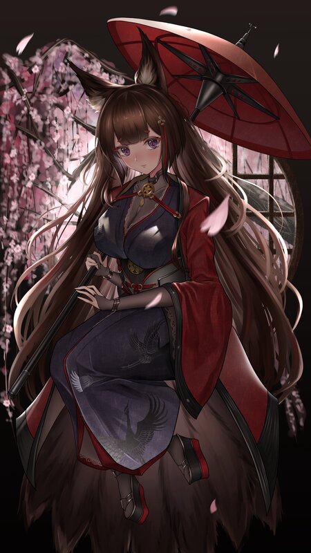 Anime Girl with Fox Ears — Red, Serene, Spring, Digital Art