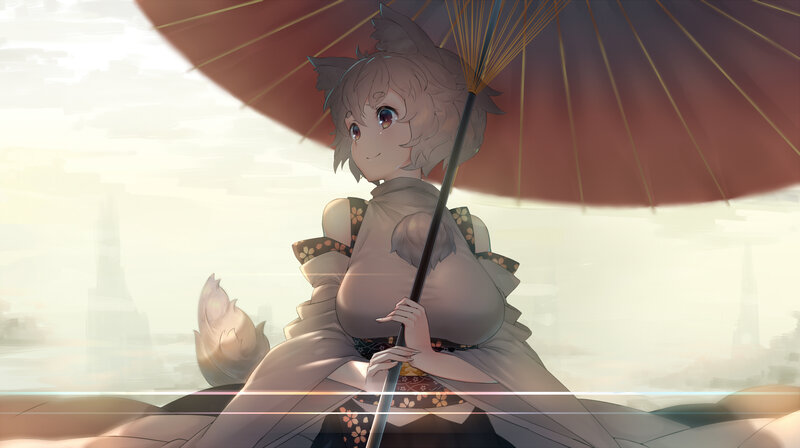 Anime Girl with Fox Ears — Red, Serene, Sunset