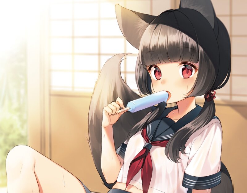 Anime Girl with Fox Ears — White, Calm, Afternoon, Ice Cream