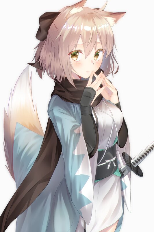 Anime Girl with Fox Ears — White, Calm, Digital Art, Sword, Scarf