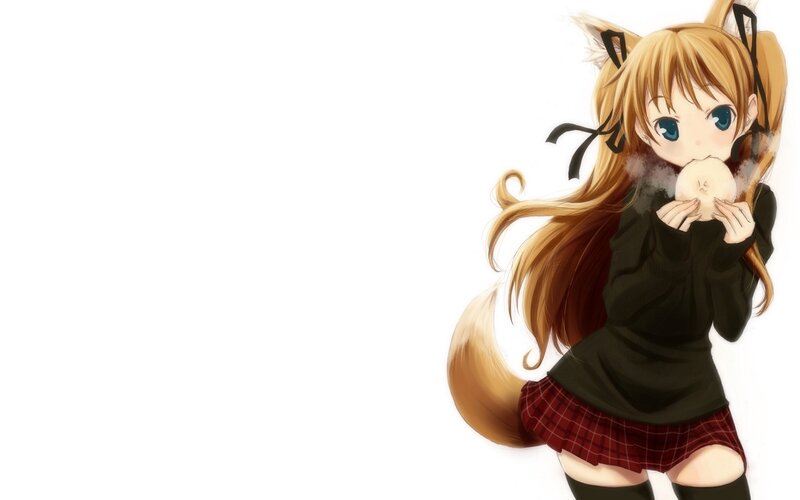 Anime Girl with Fox Ears — White, Calm, Fox Ears, Tail, Plaid Skirt