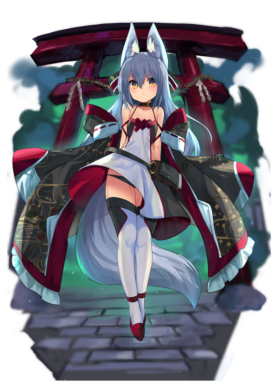 Anime Girl with Fox Ears — White, Dramatic, Digital Art, Fox Ears, Fox Tail