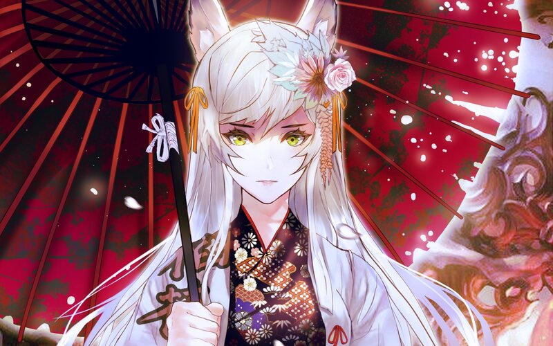 Anime Girl with Fox Ears — White, Dramatic, Digital Art, Kimono