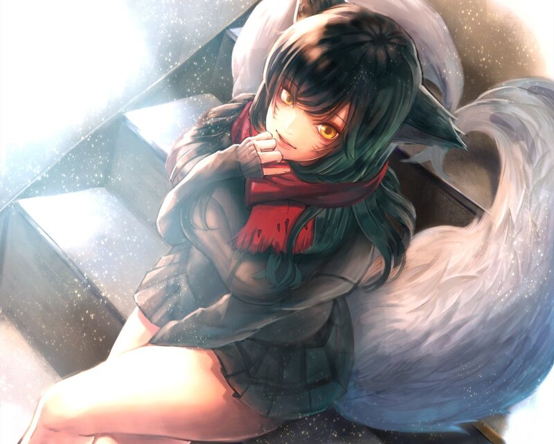 Anime Girl with Fox Ears — White, Dramatic, Digital Art, Scarf