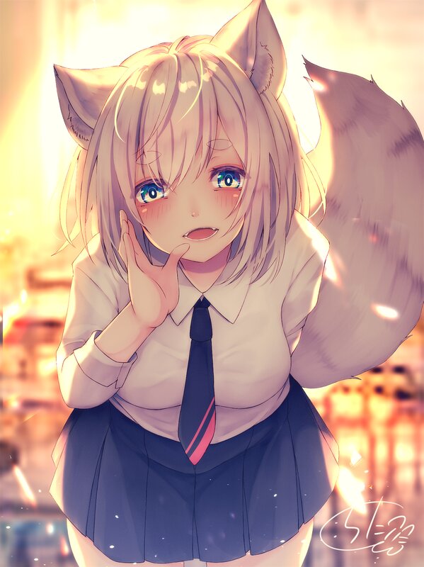 Anime Girl with Fox Ears — White, Dramatic, Sunset