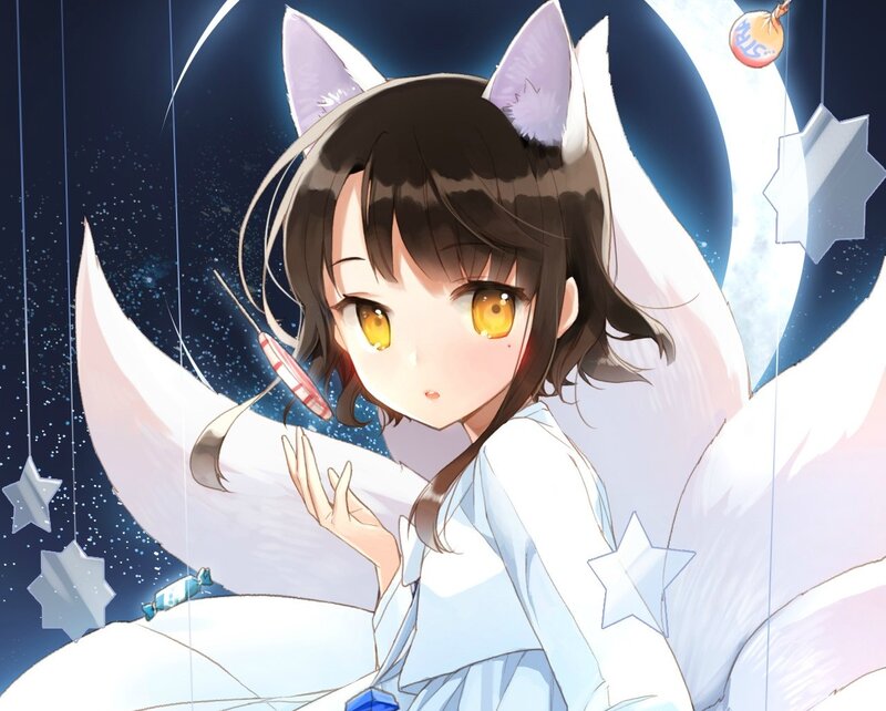 Anime Girl with Fox Ears — White, Dreamy, Night