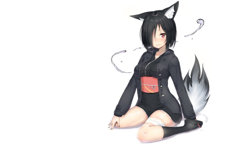 Anime Girl with Fox Ears — White, Neutral, Digital Art