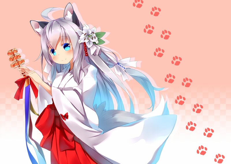 Anime Girl with Fox Ears — White, Playful, Digital Art, Fox Ears, Kimono
