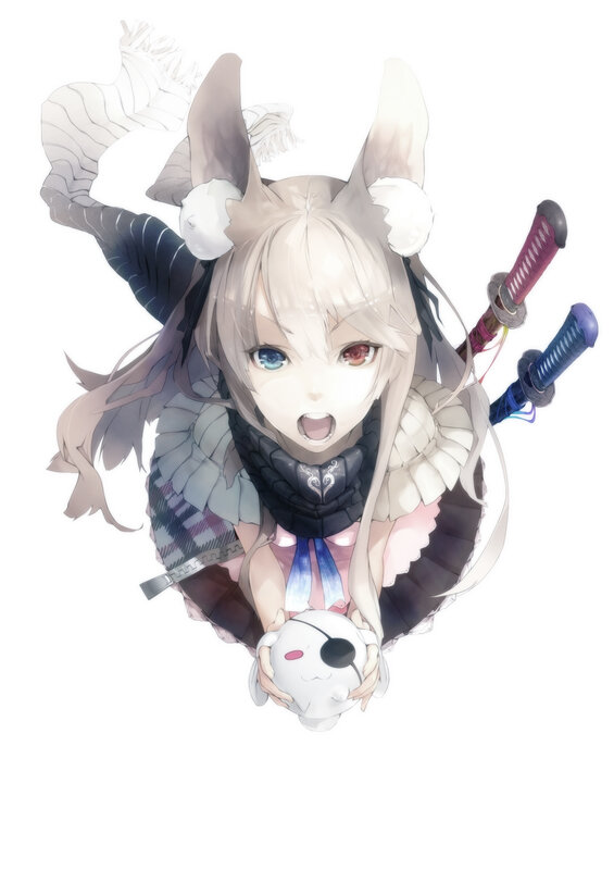 Anime Girl with Fox Ears — White, Playful, Digital Art, Fox Ears, Swords