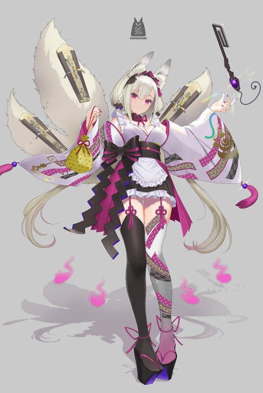Anime Girl with Fox Ears — White, Playful, Digital Art, Fox Ears, Tails