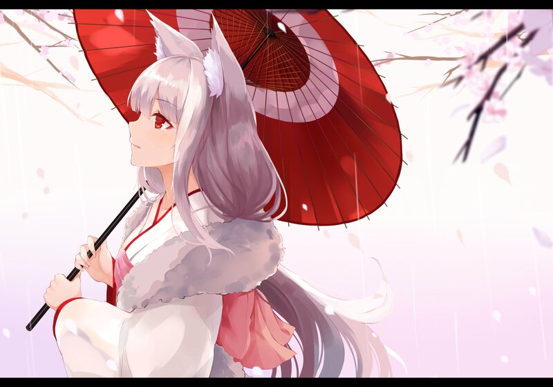 Anime Girl with Fox Ears — White, Serene, Spring, Digital Art, Red Umbrella