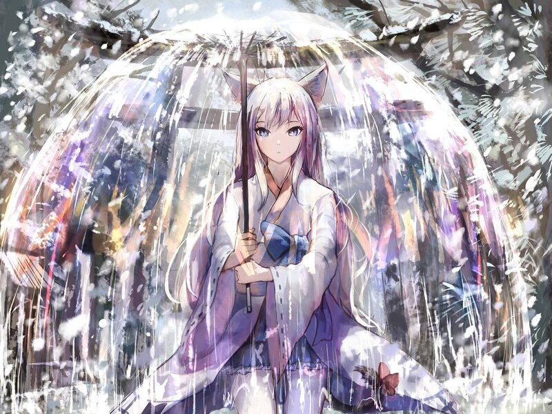 Anime Girl with Fox Ears — White, Serene, Winter