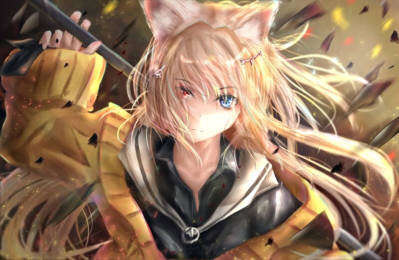 Anime Girl with Fox Ears — Yellow, Dramatic, Digital Art