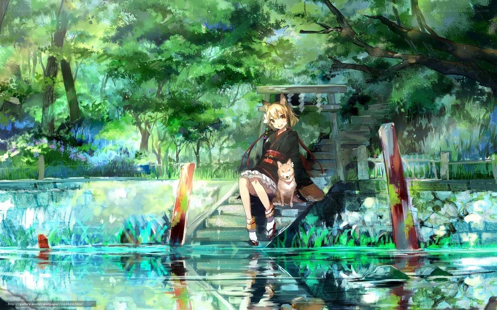 Anime girl with fox in forest