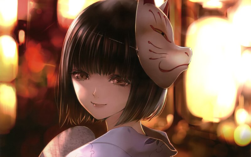 anime girl with fox mask