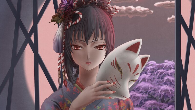 anime girl with fox mask