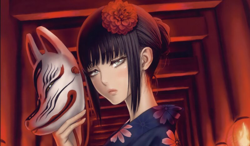 anime girl with fox mask
