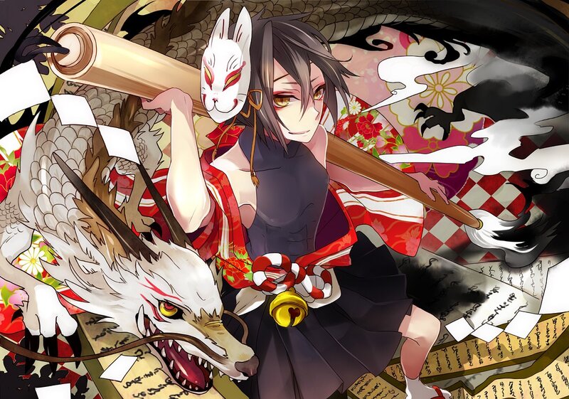 Anime girl with fox mask and dragon