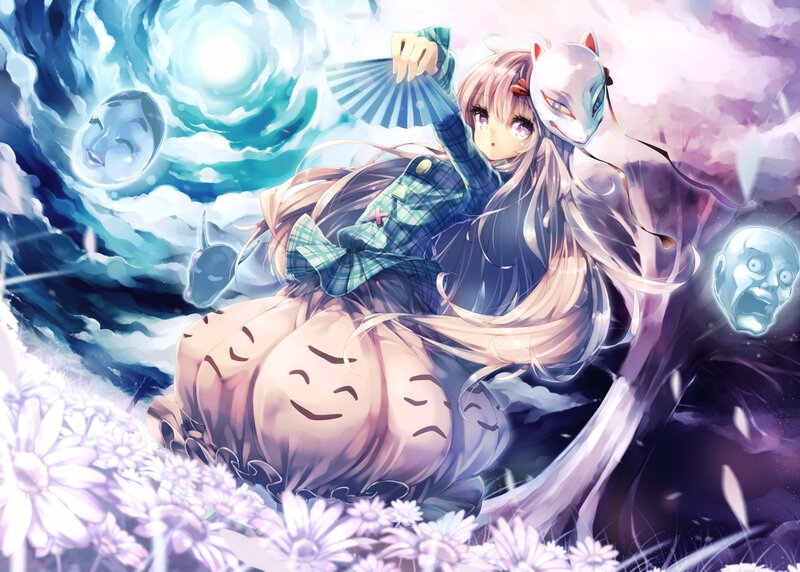 Anime girl with fox mask and fan