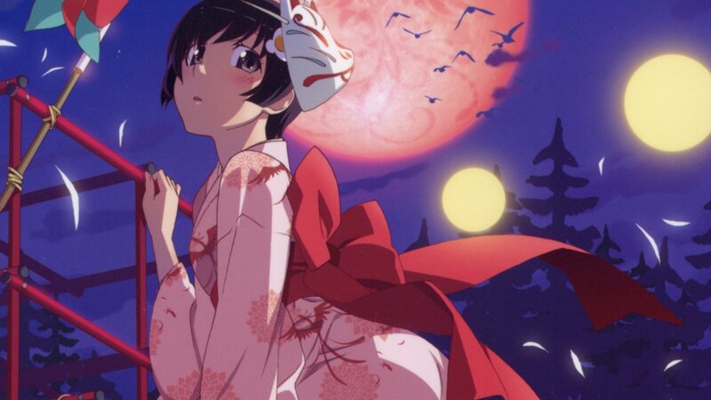 Anime girl with fox mask at night