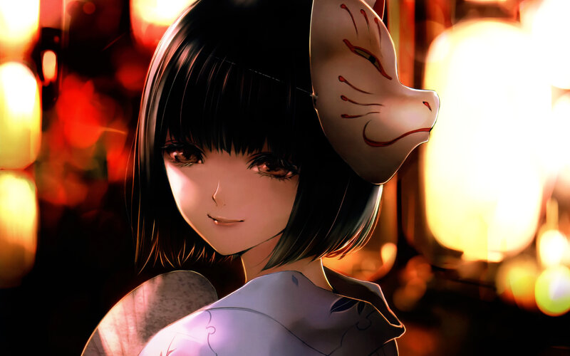 Anime Girl with Fox Mask — Black
