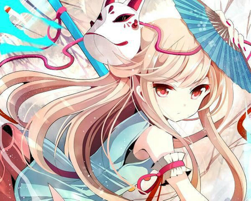 Anime Girl with Fox Mask — Blue, Dramatic, Fox Mask