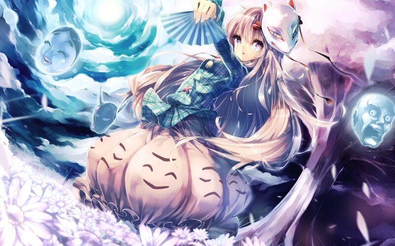 Anime Girl with Fox Mask — Blue, Dramatic, Night