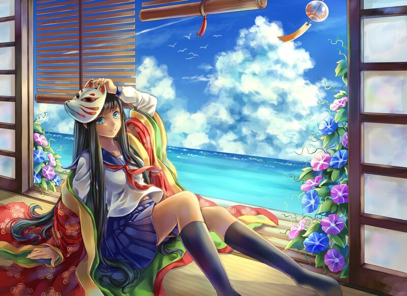 Anime Girl with Fox Mask — Blue, Serene, Afternoon, Digital Art