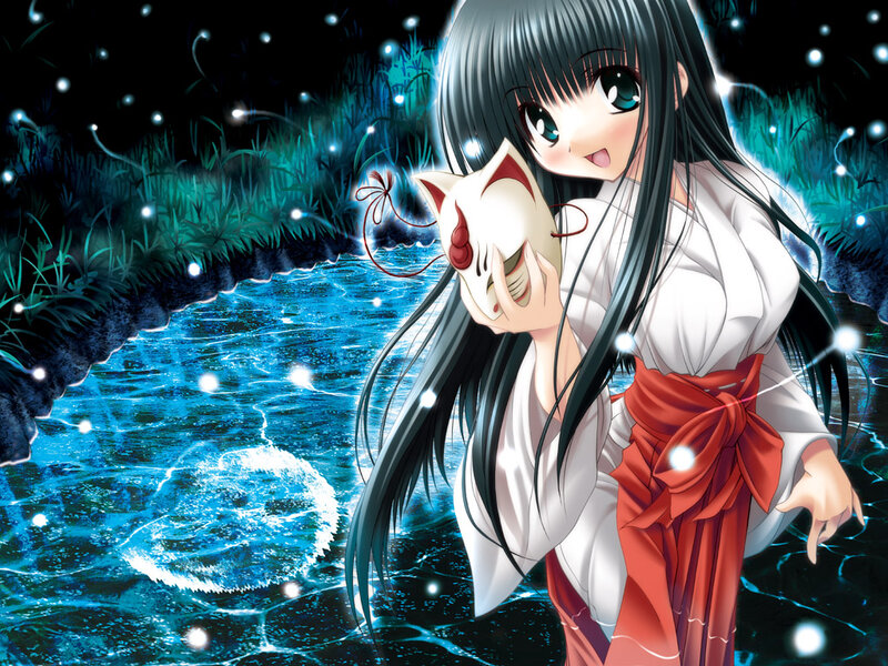 Anime Girl with Fox Mask — Blue, Serene