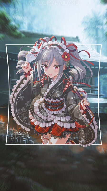 Anime Girl with Fox Mask — Gray