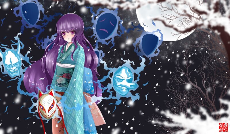 Anime girl with fox mask in snow