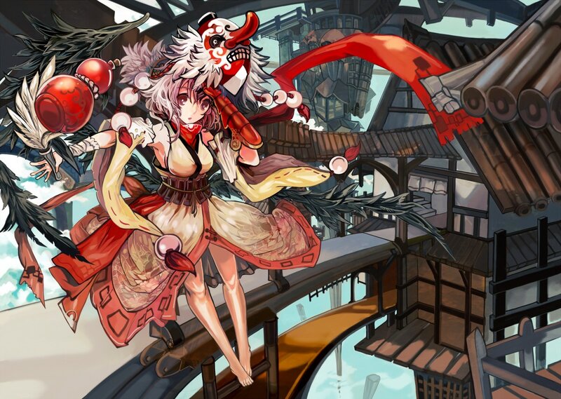 Anime girl with fox mask on bridge