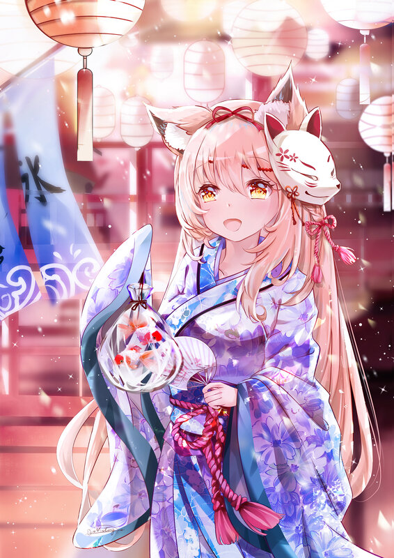 Anime Girl with Fox Mask — Purple, Festive