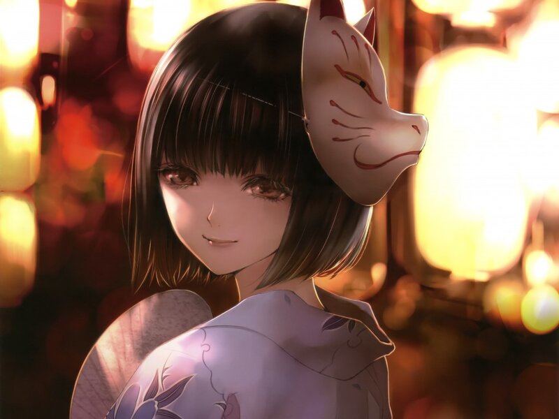 Anime Girl with Fox Mask — Purple