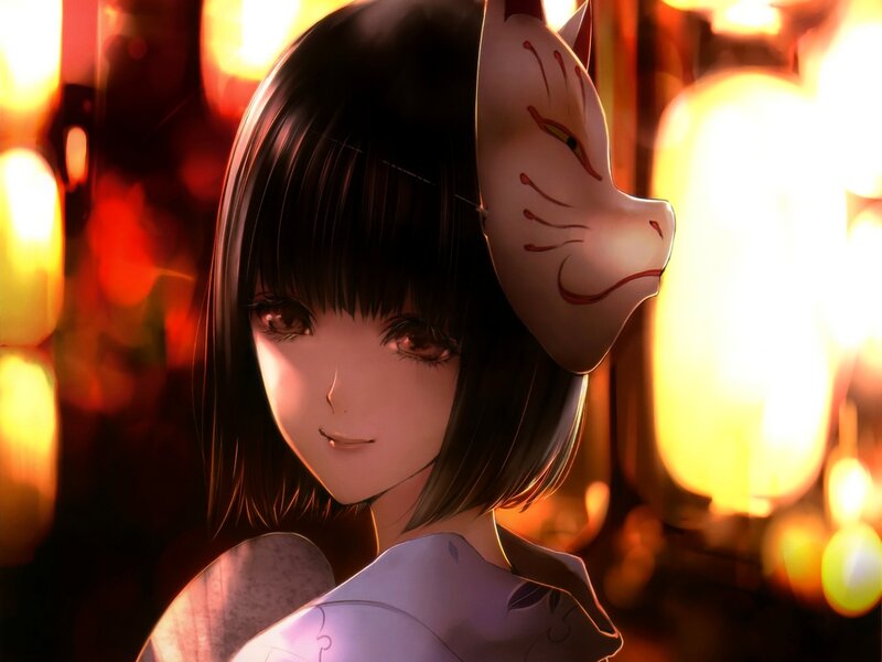 Anime Girl with Fox Mask — Red, Dramatic, Night