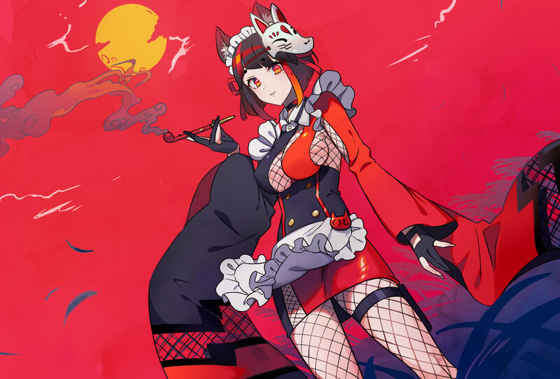 Anime Girl with Fox Mask — Red, Dramatic, Sunset