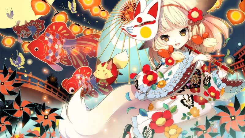 Anime Girl with Fox Mask — White, Festive