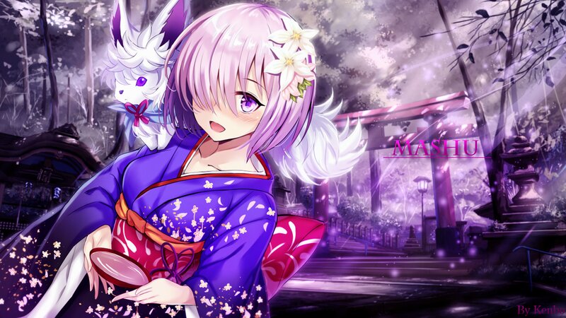 Anime Girl with Fox — Purple, Serene