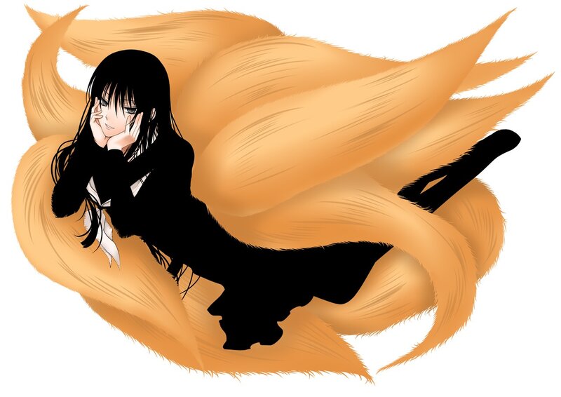 Anime Girl with Fox Tails — Black, Calm