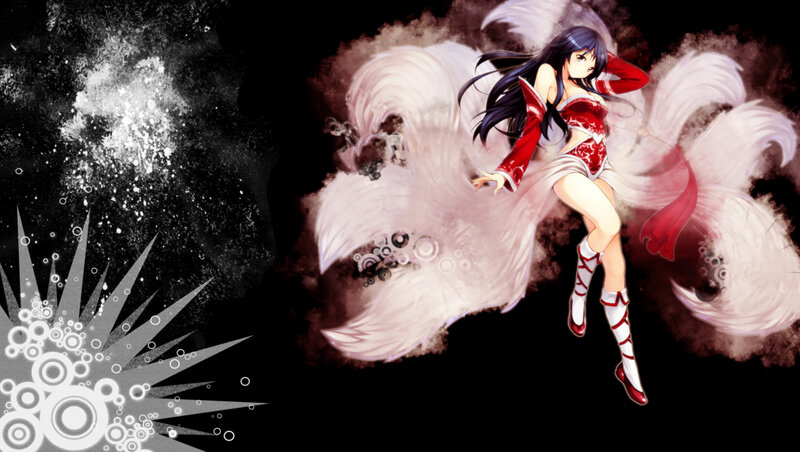 Anime Girl with Fox Tails — Black, Dramatic, Digital Art