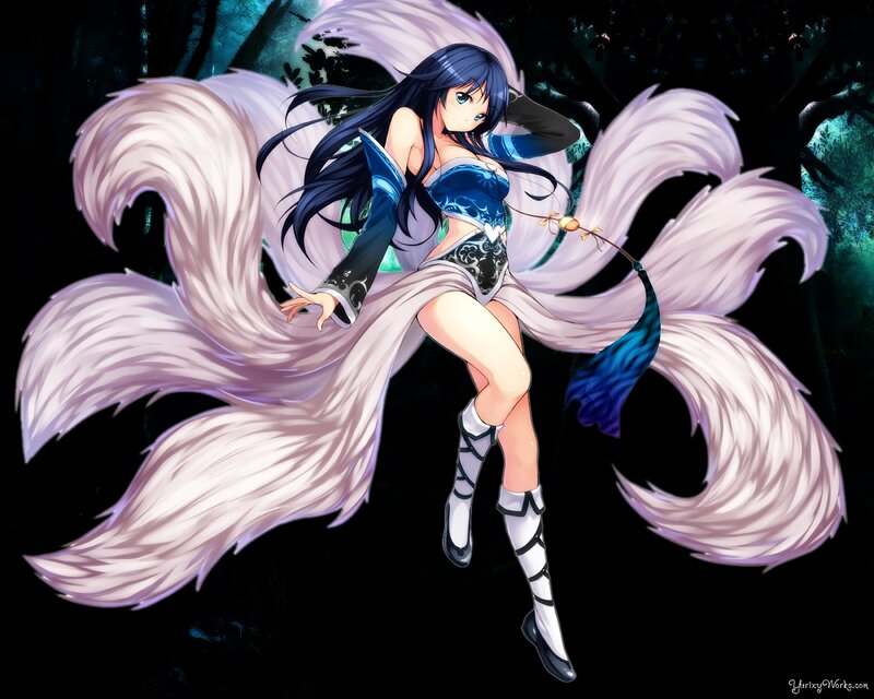 Anime Girl with Fox Tails — Black, Dramatic