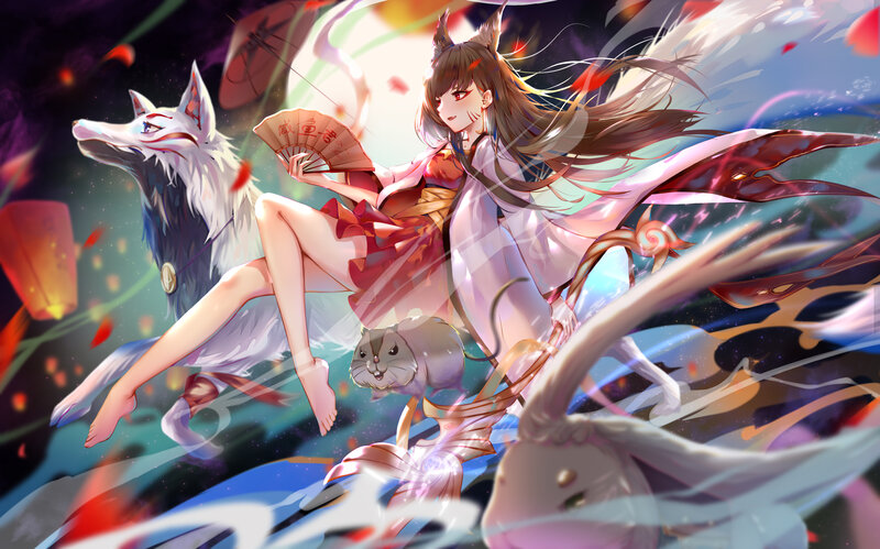 Anime Girl with Fox — White, Dynamic
