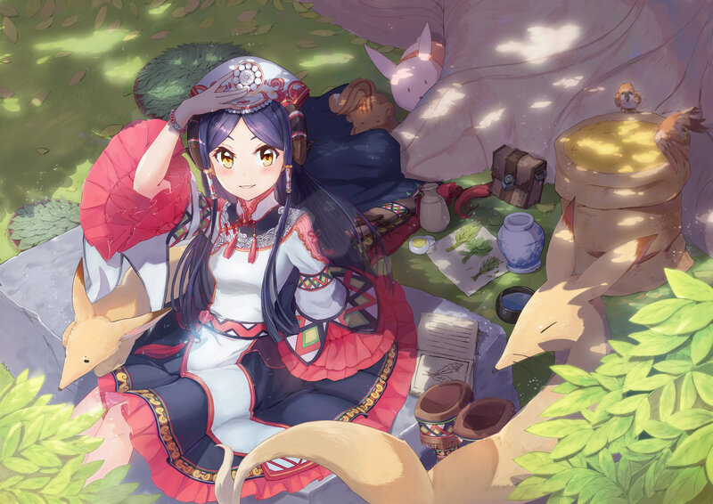 Anime Girl with Foxes — Green