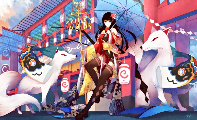 Anime Girl with Foxes — Red