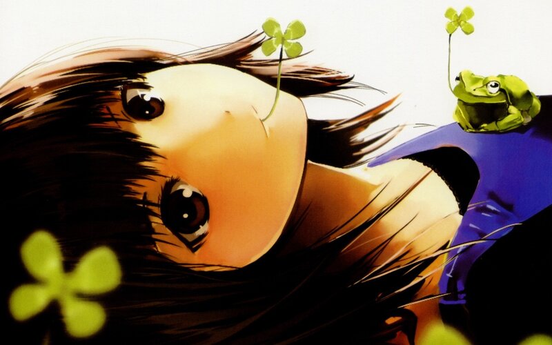 anime girl with frog and clovers