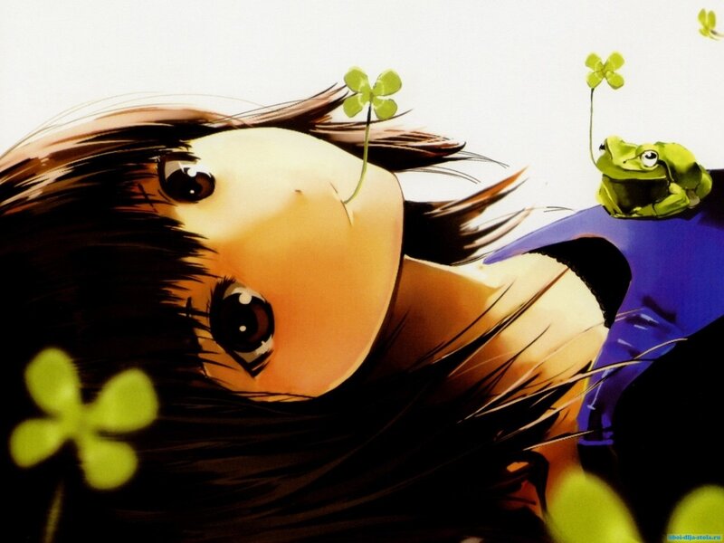 Anime girl with frog and clovers