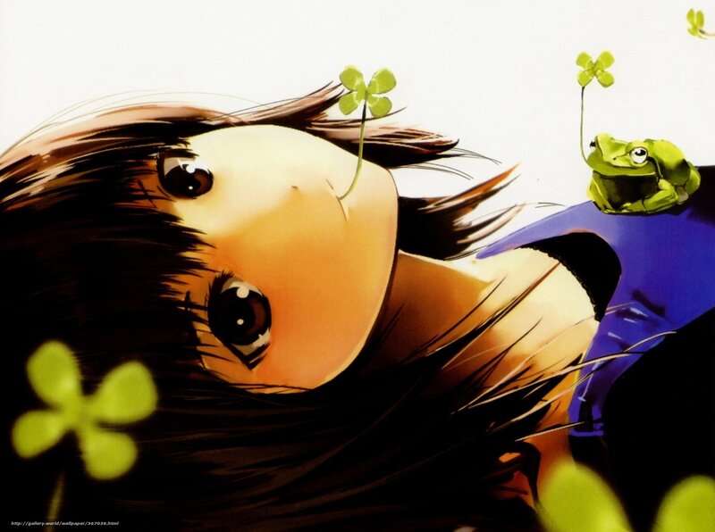 anime girl with frog and clovers