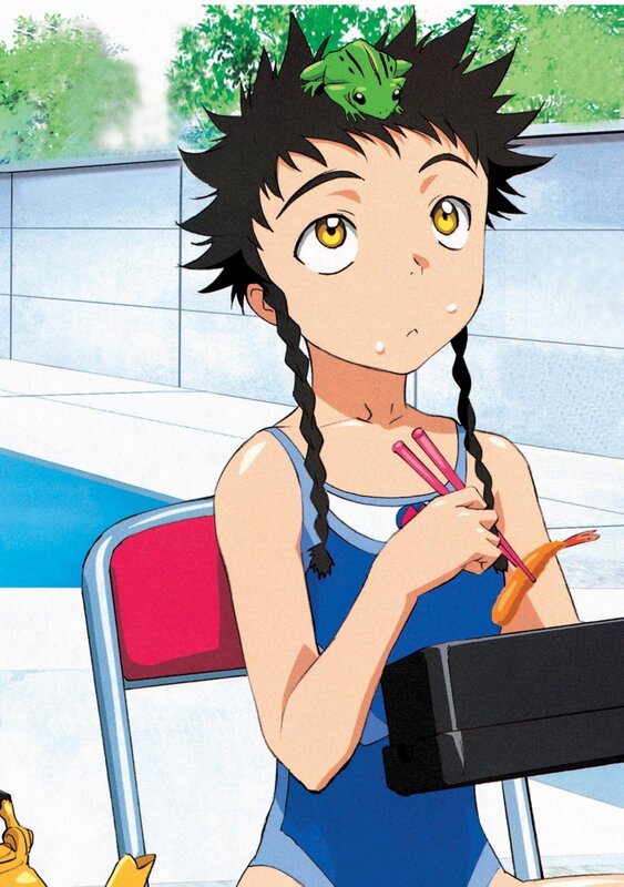 anime girl with frog on head
