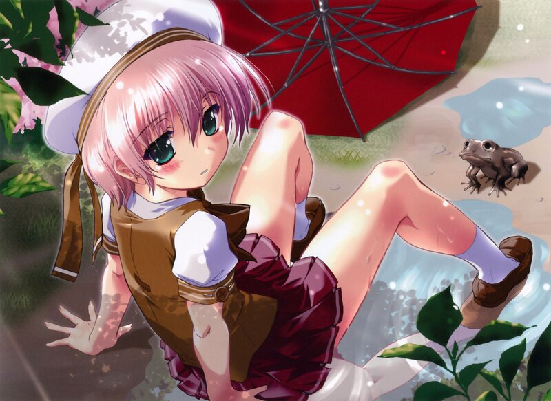 anime girl with frog under umbrella