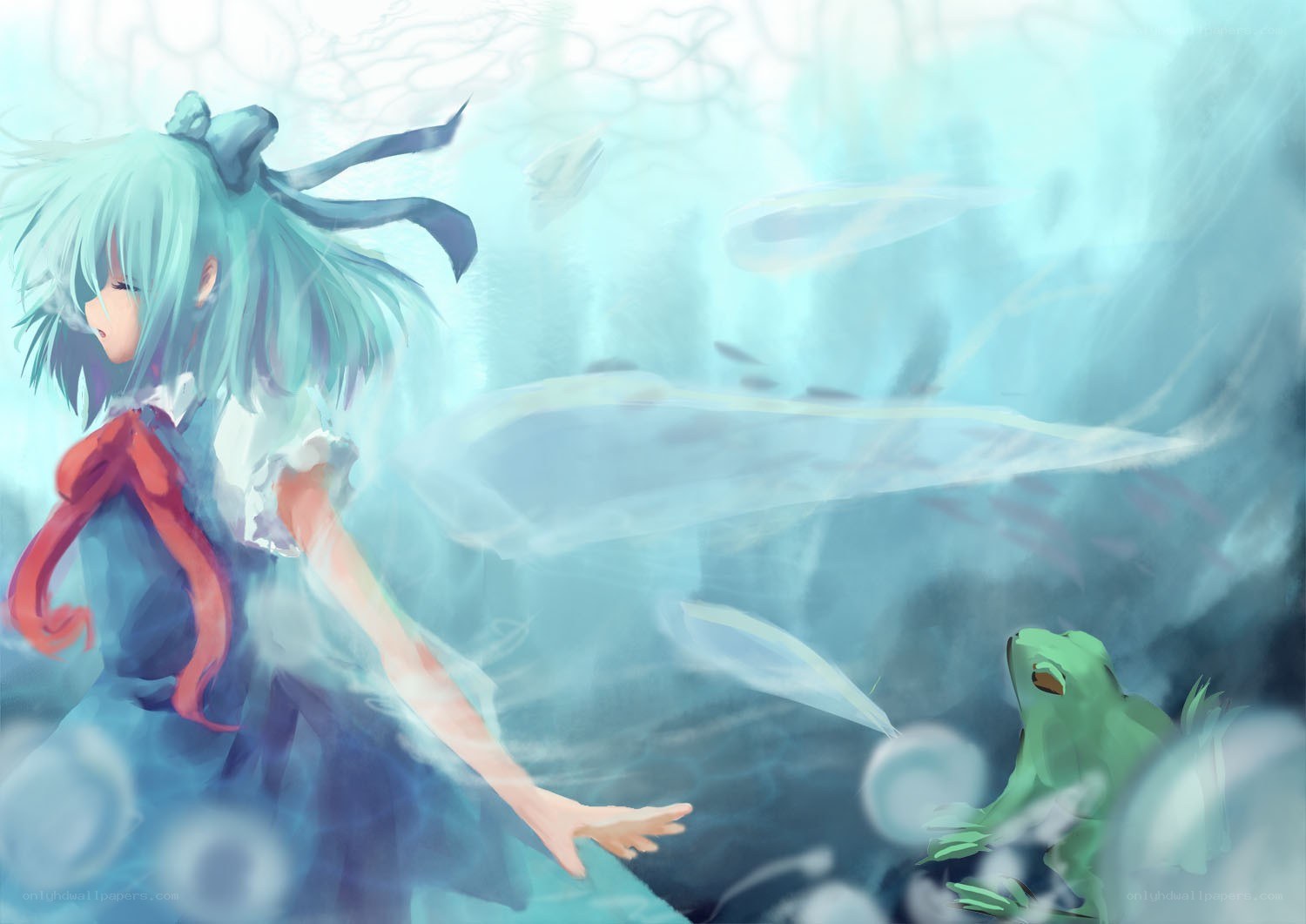 anime girl with frog underwater
